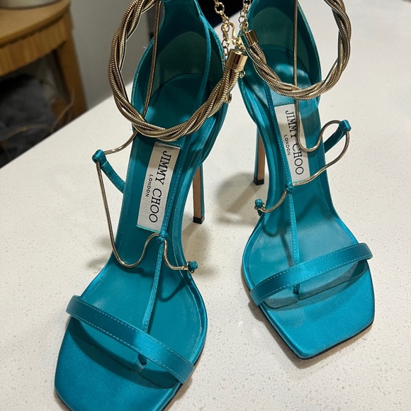 JIMMY CHOO Oriana 110 Turquoise Gold Chain Heel Size 37 - Picture 2 of 8